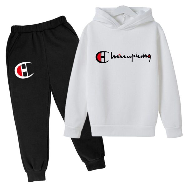 Champion Hoodie Causal Tracksuit+Pants Suit Children White